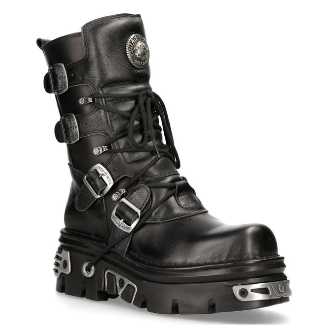 New Rock Unisex Black Leather Gothic Mid-Calf Boots - 373-S4