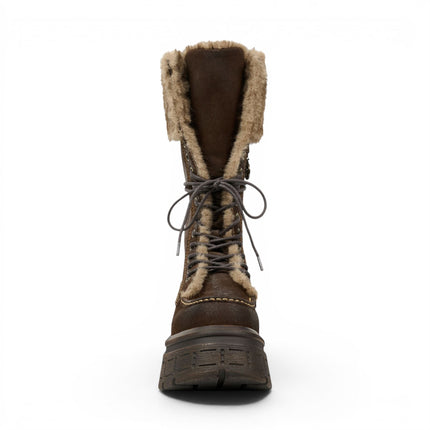 Windsorsmith Women's Brown Suede Leather Platform Combat Fur Boots - Saintly