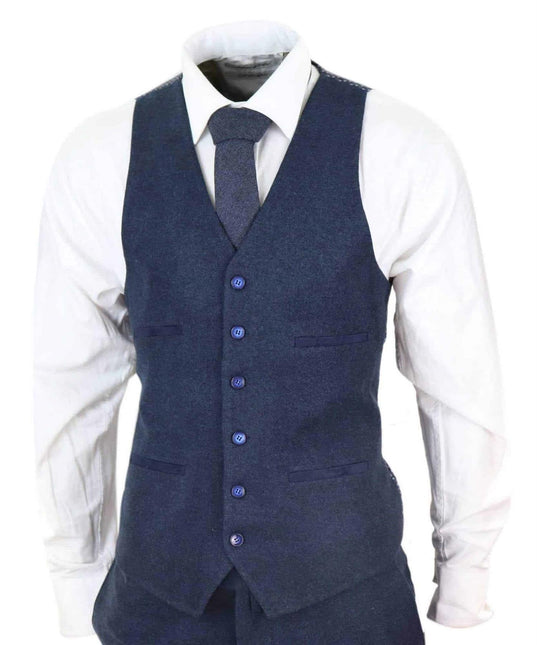 Mens 3 Piece Navy Blue Wool Tweed Vintage Retro Suit
