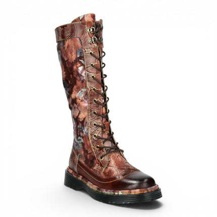 Laura Vita Women's Maroon Gothic Victorian Floral Maroon Leather Knee-High Lace-Up Boots - Incaso-50