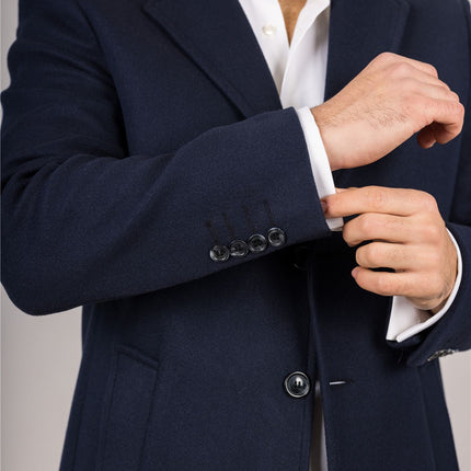 Men's Notched Lapel Collar Wool Blend Navy Overcoat