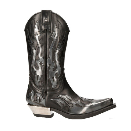 New Rock Flame Accented Black/Silver Leather Biker Cowboy Boots- M-7921-S3
