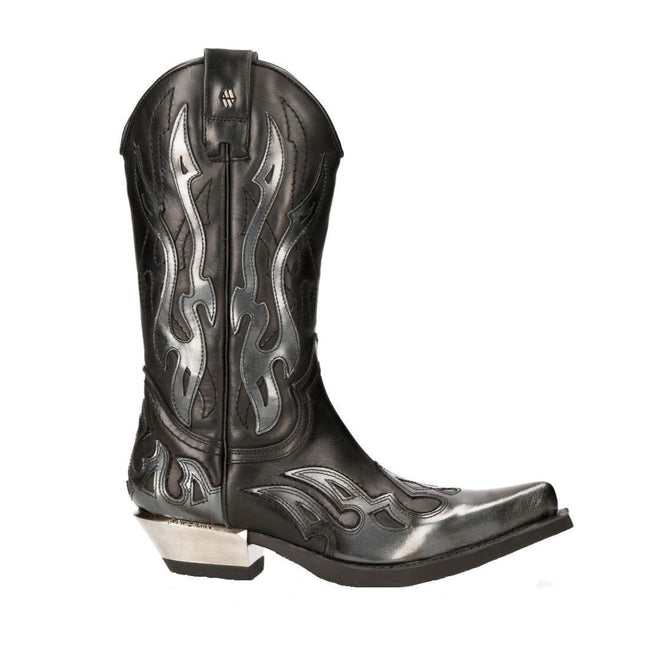 New Rock Flame Accented Black/Silver Leather Biker Cowboy Boots- M-7921-S3