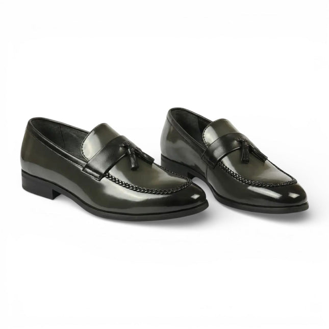 Mens Olive Tassel High-Gloss Patent Faux Leather Formal Loafers Shoes