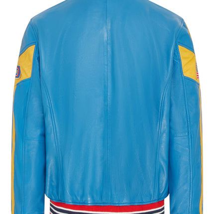 Men's Blue Leather Track Racing Bomber Biker Jacket - Player