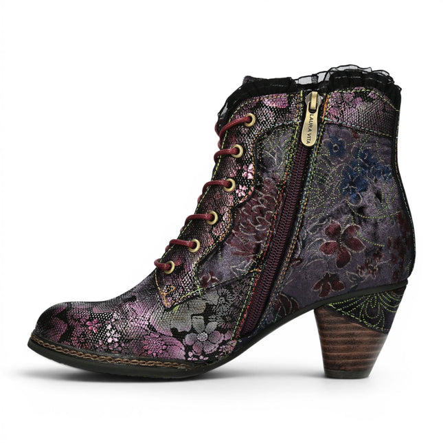 Laura Vita Women's Floral Goth Victorian Violet Leather Heeled Ankle Boots - Alcizeeo-190