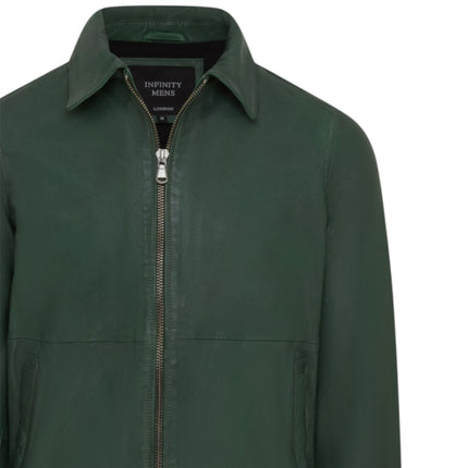 Mens Leather Green Harrington Collar Biker Jacket - Alpha