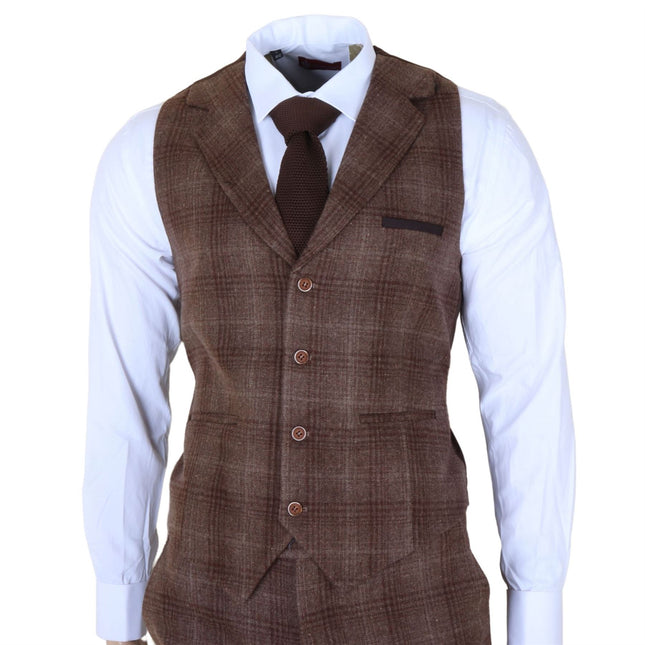 Men's Formal Brown Tweed  3 Piece Check Vintage Gatsby Style Suit