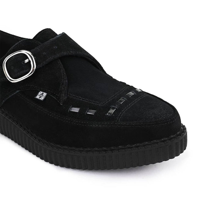 TUK Pointed Creeper Black Suede Monk Buckle Platform Shoes - A8139