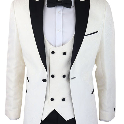 Mens Beige Tuxedo Blazer Waistcoat Brocade Ivory Satin Paisley Dinner Jacket