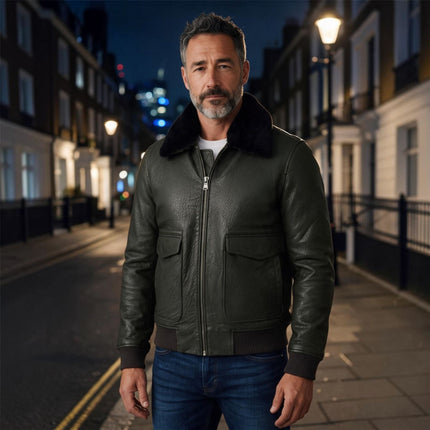 Mens Dark Green Leather Aviator Bomber Jacket - Lunar