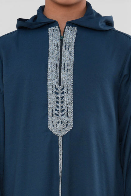 Kids Boys Aqua Blue Eid Hooded Moroccan Thobe Robe Djellaba Ramadan Jubba- K-HM3