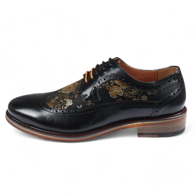 Justin Reess Men's Black Leather Floral Print Brogue Dress Shoes - Ross