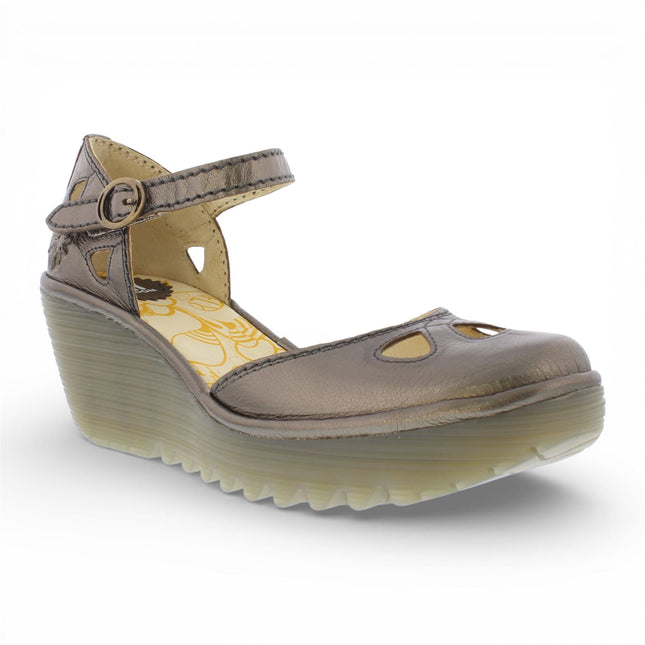 Fly London Women's Yuna Bronze Brown Leather Wedge Sandals