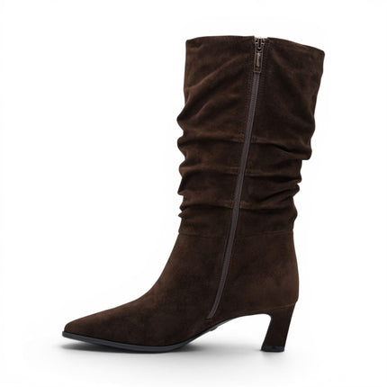 Tamaris Women's Mocca Brown Suede Mid-Calf Heeled Long Boots - 25308-47