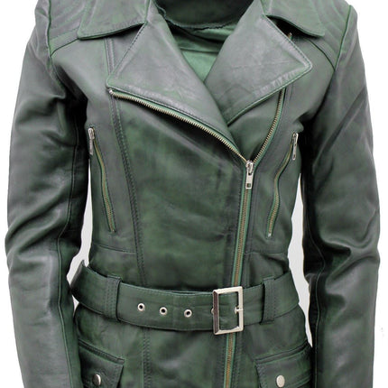 Womens Long Leather Biker Jacket-Quito