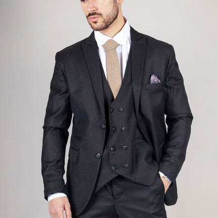 Mens IM1 Double Brusted Plain Black 3 Piece Suit