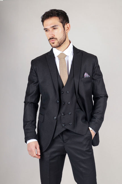 Mens IM1 Double Brusted Plain Black 3 Piece Suit