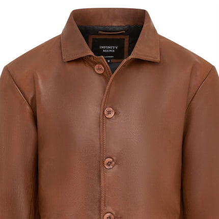 Men's Tan Leather Long Collared Car Coat Jacket - Berry