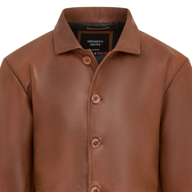 Men's Tan Leather Long Collared Car Coat Jacket - Berry