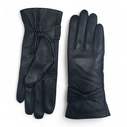 Womens Black Italian Leather Winter Bow Design Soft Wool Lining Gloves - L-GLV-401