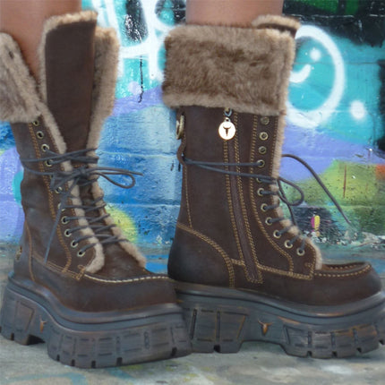 Windsorsmith Women's Brown Suede Leather Platform Combat Fur Boots - Saintly
