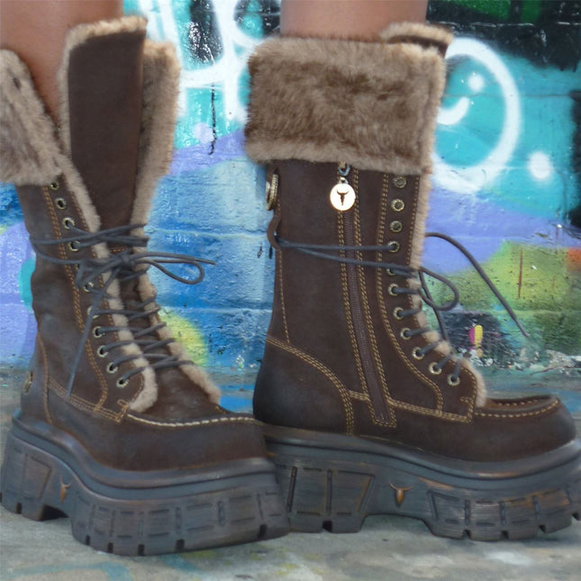 Windsorsmith Women's Brown Suede Leather Platform Combat Fur Boots - Saintly