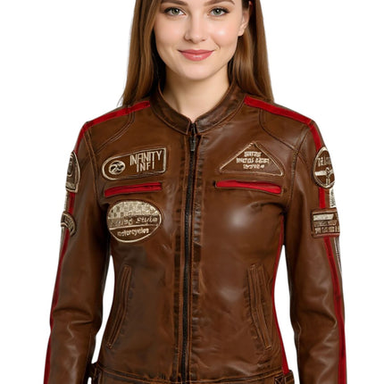 Womens Biker Racing Badges Leather Jacket-Eastleigh