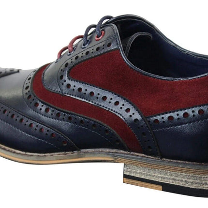 Mens Classic Burgundy Suede Oxford Brogue Shoes In Navy Leather