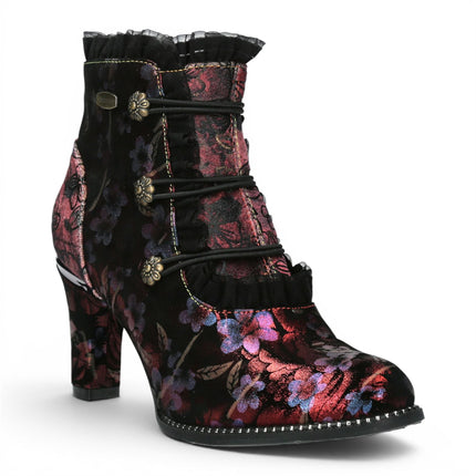 Laura Vita Floral Womens Victorian Red Leather Heel Ankle Boots - Alcbaneo-130