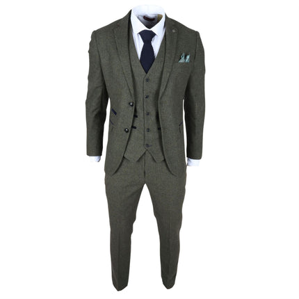 Men's Olive Green Wool Blend Tweed Formal Suit