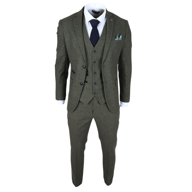 Men's Olive Green Wool Blend Tweed Formal Suit
