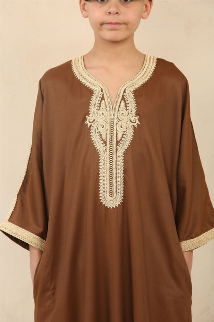 Kid's Boys Brown Moroccan Thobe Jubba Robe Eid Djellaba Gandoura