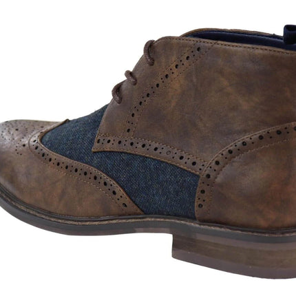 Mens Classic Tweed Oxford Brogue Ankle Boots In Brown Leather