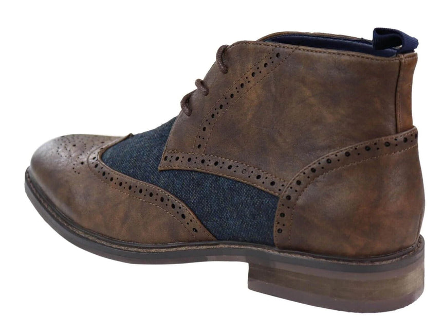 Mens Classic Tweed Oxford Brogue Ankle Boots In Brown Leather