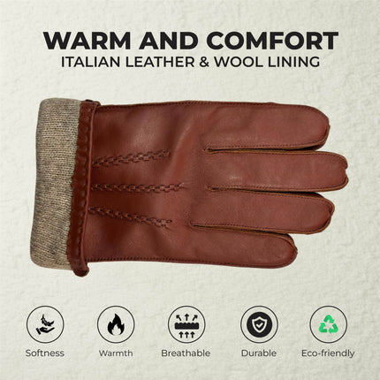Men’s Chestnut Brown Italian Leather Warm Wool Lining Winter Stich Design Gloves - M-LGV-205