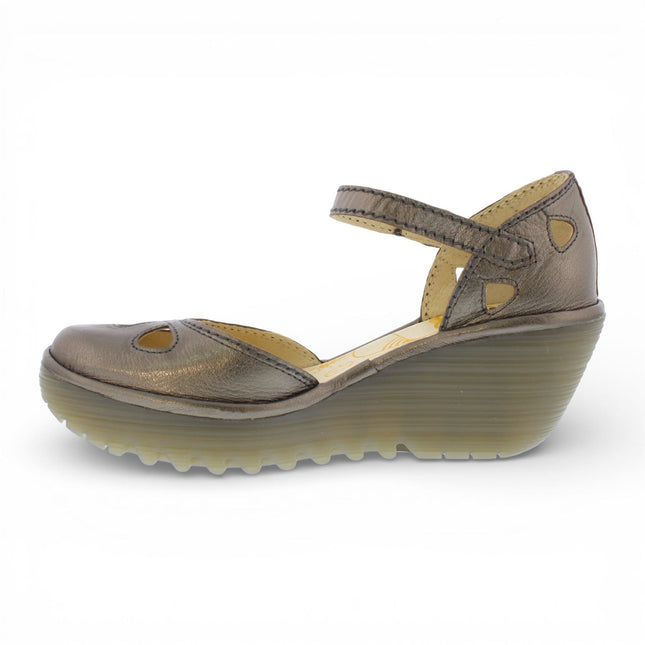 Fly London Women's Yuna Bronze Brown Leather Wedge Sandals