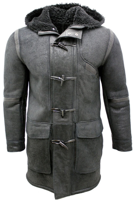 Mens Winter Sheepskin Leather Hooded Duffle Coat-Montpellier
