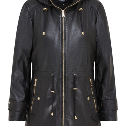 Women's Black Leather Parka Detachable Borg Hooded Trench Coat - Trekker