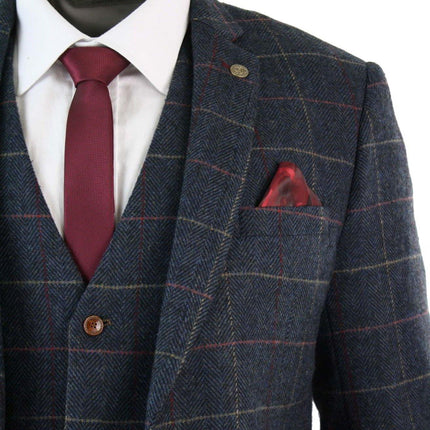 Mens 3 Piece Navy Blue Herringbone Check Vintage Suit