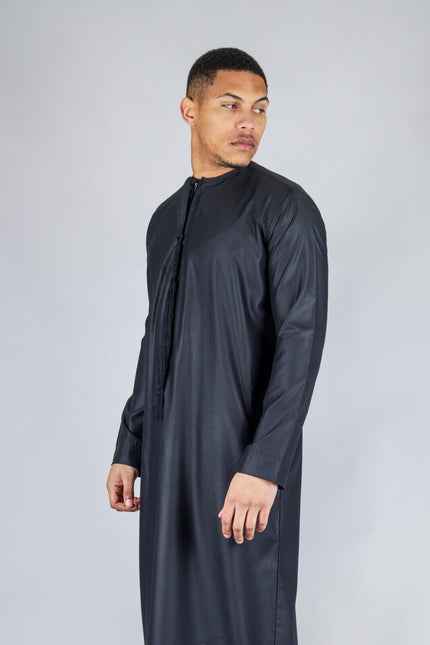 Men's Black Thobe Emirati Islamic Jubba Robe Eid Tassel Regular Fit