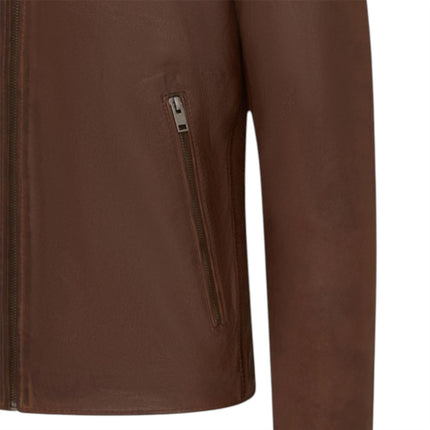 Mens Leather Brown Stand Collar Cafe Racer Biker Jacket - E184