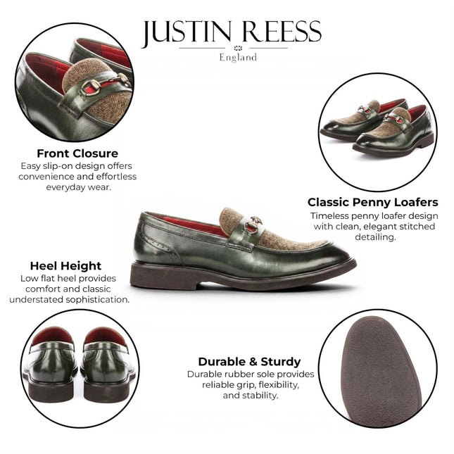 Justin Reess Men's Green Leather Herringbone Tweed Loafer Shoes - Tristian