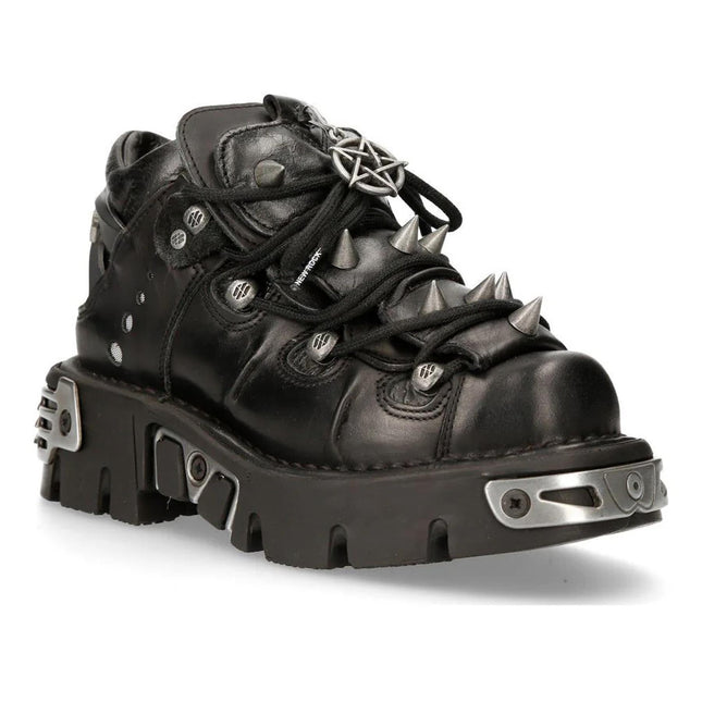 New Rock Black Leather Spiked Ankle Boots - 110-S1