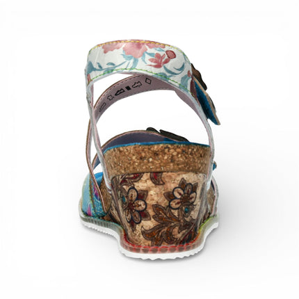 Laura Vita Women's Bonito 32 Turquoise Blue Floral Leather Wedge Espadrille Sandals