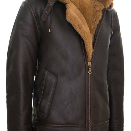 Mens Hooded Sheepskin Leather B3 Flying Jacket-Columbus