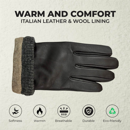Men's Brown Italian Leather Warm Wool Lining Winter Knit Rib Gloves - M-LGV-105