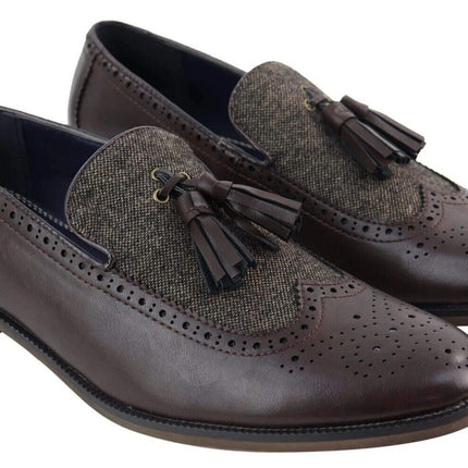 Mens Tasselled Brown Leather Tweed Brogue Slip On Loafers