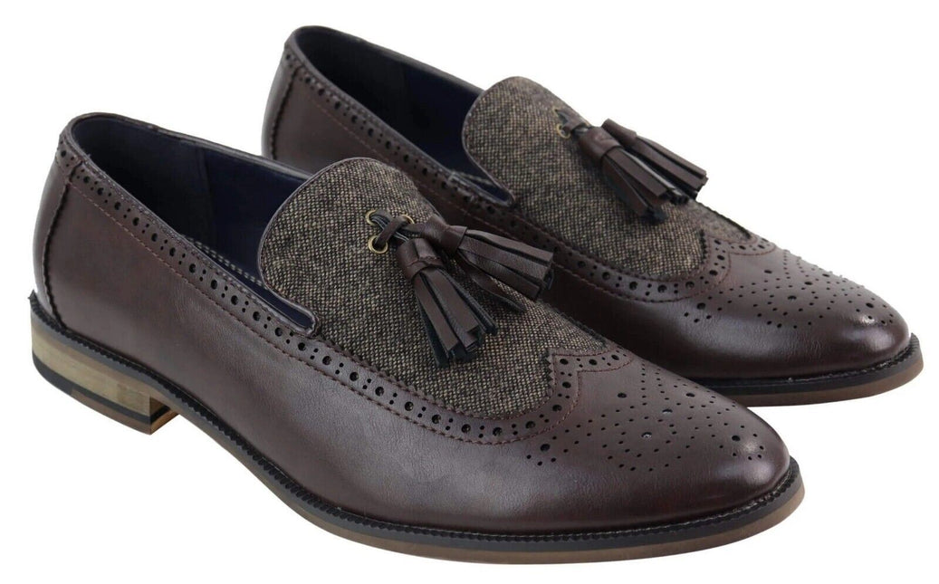 Mens Tasselled Brown Leather Tweed Brogue Slip On Loafers