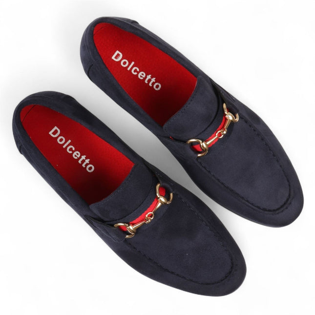 Men's Navy Suede Loafers with Gold Buckle Slip-On Dress Shoes